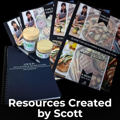 Resources created by Scott E. Burgess - blood-specific 4-week meal plan and LOCK IN quarterly planner, part of the BALANCED Ecosystem for healing.